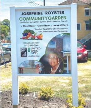 Josephine Royster Community Garden entrance sign.