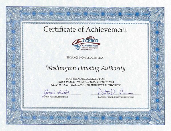 Newsletter Certificate. WHA was recognized for Best Newsletter.