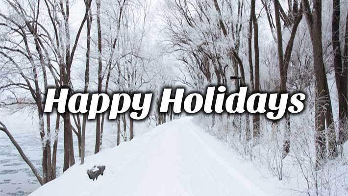 Happy Holidays Text. A snowy tree lined lane.