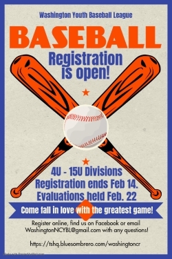 Washington Youth Baseball League 2025 flyer. All information on this flyer is listed above.