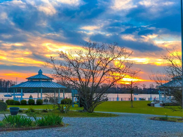 Plants, trees and pavilions with a lake in the background at sunset.