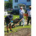 A man pushing a wheelbarrow full of dirt while other people work on the garden.