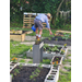 A man watering some of the plants in the garden.