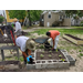 Two people carefully putting dirt around plants.