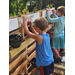 Kids coloring a wooden structure with plants on it.