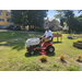 Man on a riding lawnmower in the Community Garden.